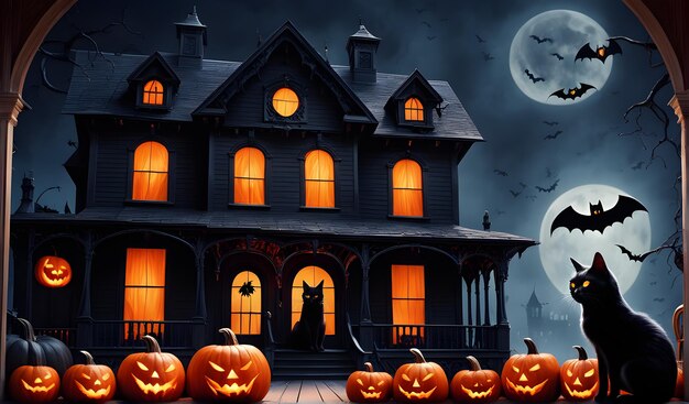 Une image effrayante d'une maison hantée avec une citrouille sculptée sur le porche brillant d'une lumière étrange.
