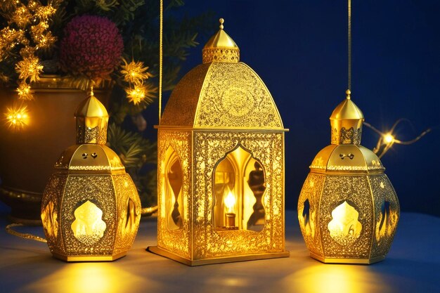 Image d'Eid ul Fitr avec des lumières colorées, des lampes et des décorations pour marquer l'occasion de l'Eid