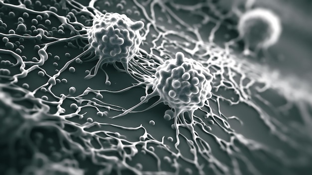 une image EM en microscopie électronique de cellules cancéreuses du foie cultivées sur un modèle organoïde IA générative