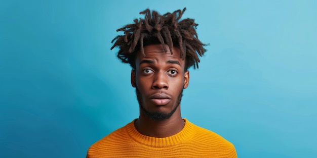 Une image émouvante d'un Afro-Américain perplexe sur un fond bleu