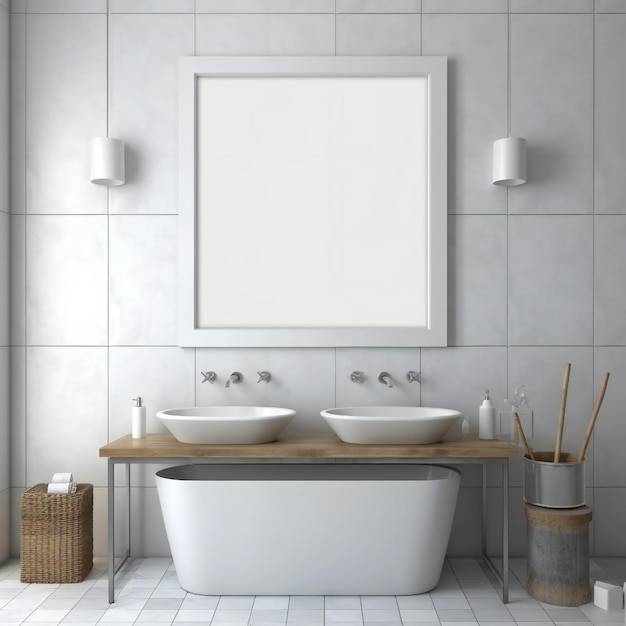Photo une image encadrée en blanc d'une baignoire et de deux évier