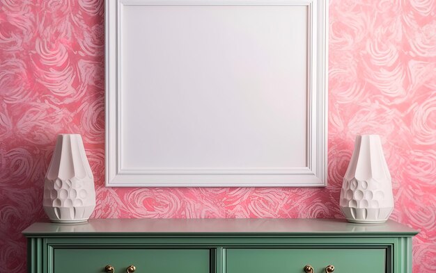 une image encadrée en blanc d'un cabinet vert avec un papier peint rose et un cadre blanc avec un motif de rose rose