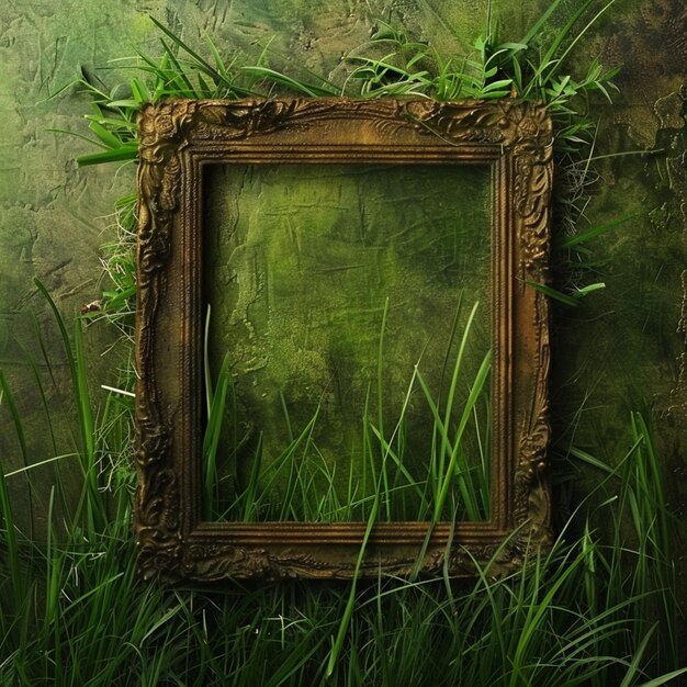 une image encadrée d'un cadre avec un fond vert avec une image d'une plante et de fleurs