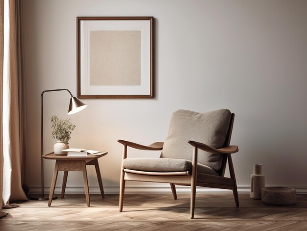 Une image encadrée sur un mur montre une chaise et une plante sur la table.