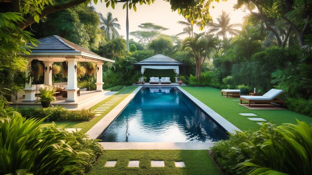 Une image enchanteresse d'un jardin de villa avec piscine chic alliant un design moderne et un environnement soigné et serein pour une escapade estivale ultime