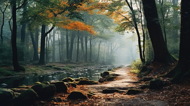 Une image enchanteresse d'un matin brumeux dans une forêt ornée de feuilles colorées