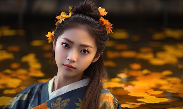 Une image enchanteuse d'une fille vêtue de beaux vêtements japonais complétant parfaitement le paysage d'automne serein du portrait