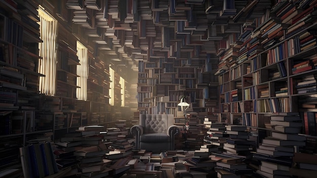 Une image enchanteuse d'une pièce remplie de milliers de livres créant une atmosphère de labyrinthe
