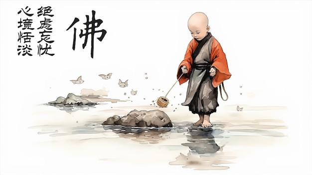 Une image d'encre d'aquarelle d'un petit moine dans une soutane chinoise et d'un poisson rouge