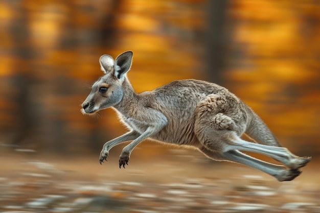 Une image énergique d'un kangourou en mouvement avec un fond flou