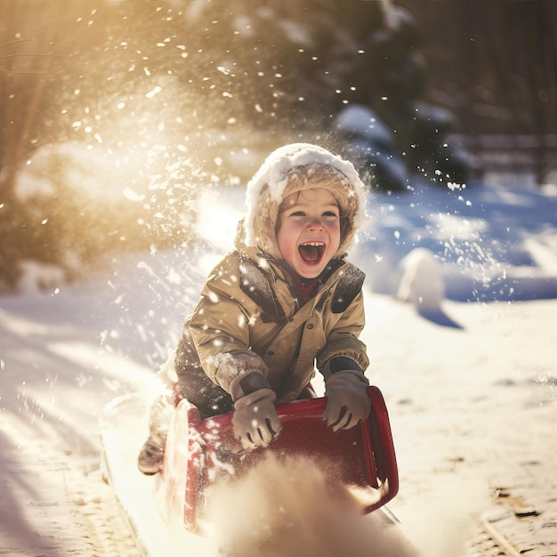 Image d'un enfant heureux en traîneau dans la neige Image créée avec l'intelligence artificielle Concept de bonheur et de jeu sur la neige