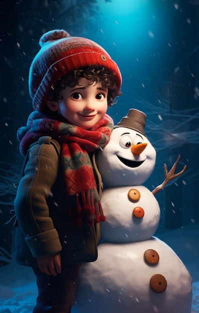 Photo image d'un enfant mignon jouant dans le dessin animé de neige