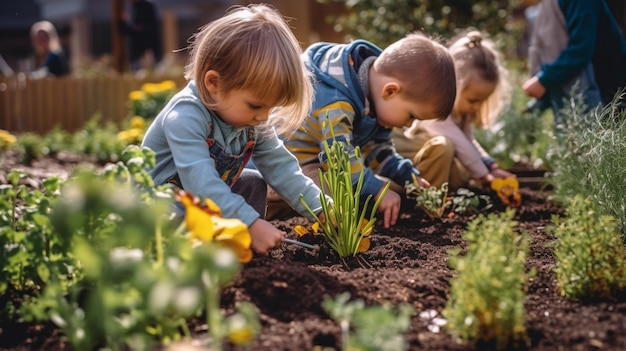 Une image d'enfants plantant et s'occupant d'un jardin apprenant la responsabilité de la nature et l'e