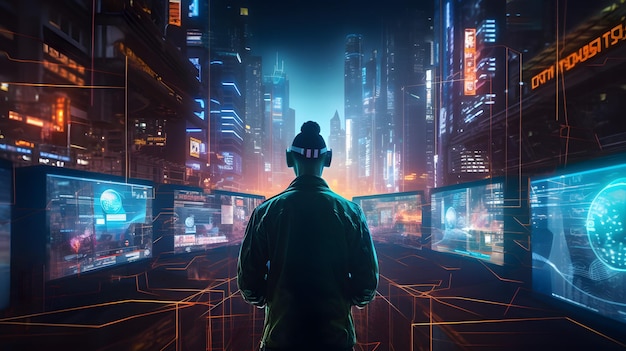 Une image époustouflante d'un homme regardant un paysage urbain futuriste amélioré par l'intelligence artificielle générative