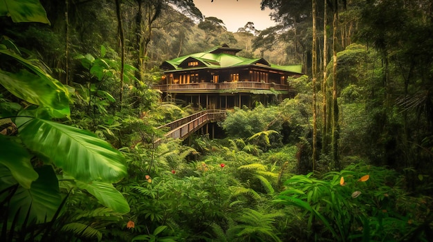 Une image époustouflante d'un lodge écoluxe caché offrant une évasion estivale impressionnante et inoubliable au cœur de la jungle