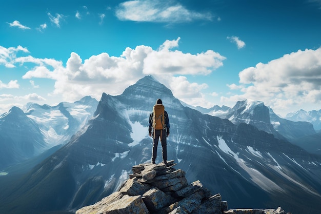 Une image époustouflante et réaliste mettant en vedette un aventurier solitaire debout au sommet d'une montagne