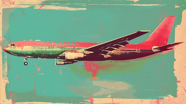 Cette image est d'un avion de passagers avec un schéma de couleurs rétro. L'arrière-plan est d'une couleur bleu clair et le premier plan est d' une couleur rouge foncé.