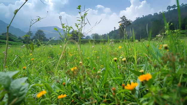 L'image est un beau paysage d'un champ vert luxuriant avec une variété de fleurs jaunes au premier plan