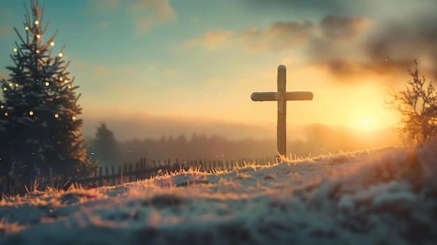 L'image est un beau paysage avec une croix en bois au premier plan. La croix est placée sur un fond de collines couvertes de neige et d'un soleil couchant.