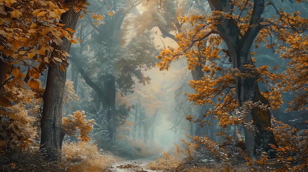 L'image est un beau paysage d'une forêt avec un chemin au milieu