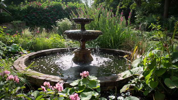 L'image est une belle fontaine dans un jardin luxuriant la fontaine est faite de pierre et a deux niveaux l'eau est claire et reflète le ciel
