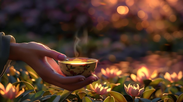 Photo l'image est une belle représentation d'une main tenant une tasse de thé