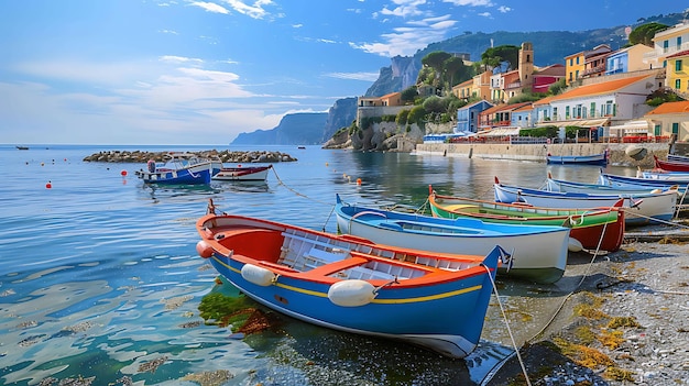 L'image est d'une belle ville côtière avec des bâtiments colorés et des bateaux l'eau est calme et claire et le ciel est ensoleillé et bleu