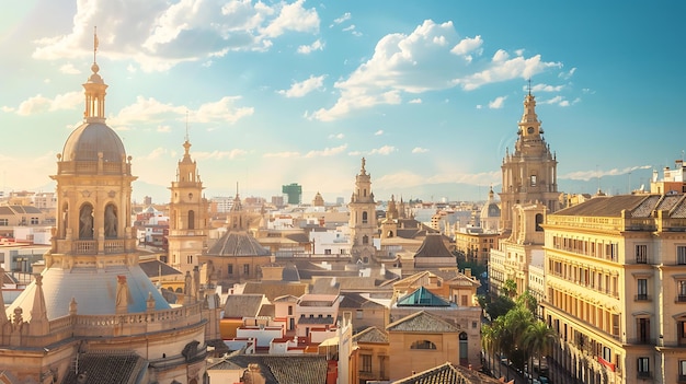 L'image est une belle vue aérienne de la ville de Valence en Espagne. La ville est baignée par la chaude lumière du soleil et le ciel est bleu clair.