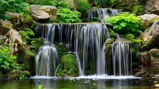 L'image est d'une cascade dans une forêt l'eau tombe d'une hauteur d'environ 10 pieds et il y a un petit bassin d'eau au fond