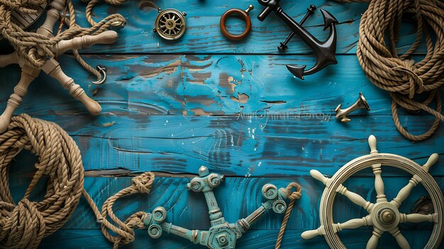Photo l'image est une couche plate de divers objets nautiques sur un fond en bois bleu il y a deux ancres une roue de navire une corde et une boussole