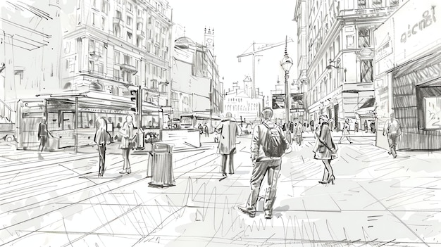 L'image est un croquis d'une rue animée avec des gens qui marchent sur le trottoir Il y a des bâtiments des deux côtés de la rue et quelques arbres