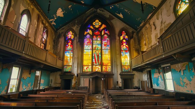 Photo l'image est d'une église abandonnée. l'intérieur de l'église est en ruine avec les murs et le plafond pelés et les bancs couverts de poussière.