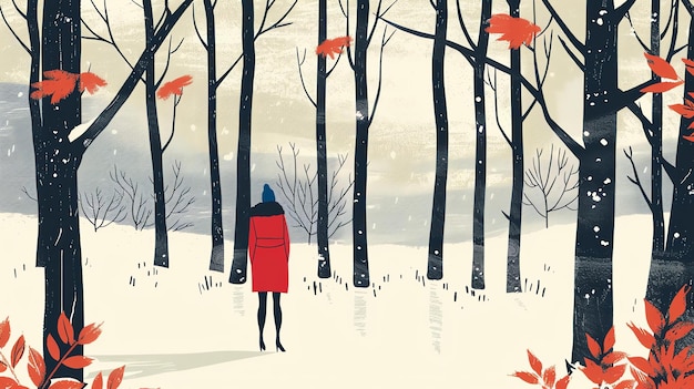Photo l'image est d'une femme en manteau rouge s'éloignant de la caméra dans une forêt enneigée les arbres sont nus et la neige tombe fortement