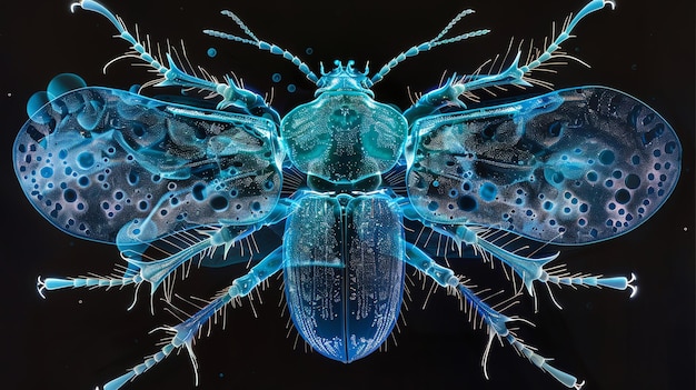 L'image est un gros plan d'un coléoptère bleu avec une apparence détaillée et réaliste. L'arrière-plan est noir ce qui fait ressortir le colèoptère.