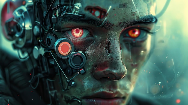 Photo l'image est un gros plan du visage d'un cyborg. le cyborg a des yeux rouges brillants et un visage métallique.
