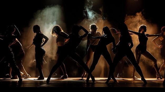 L'image est d'un groupe de danseurs dans un fond sombre avec de la fumée sur scène ils sont tous vêtus de noir et leurs mouvements sont fluides et gracieux