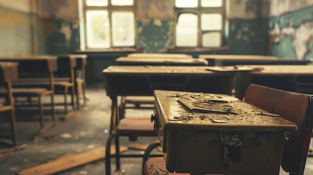 Photo l'image est l'intérieur d'une salle de classe abandonnée. la pièce est en ruine avec des fenêtres cassées, des murs fissurés et des débris éparpillés.