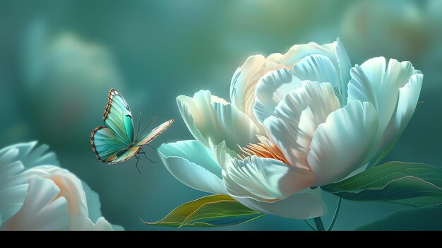 Photo l'image est un magnifique gros plan d'une fleur de pioie blanche avec un papillon bleu dessus