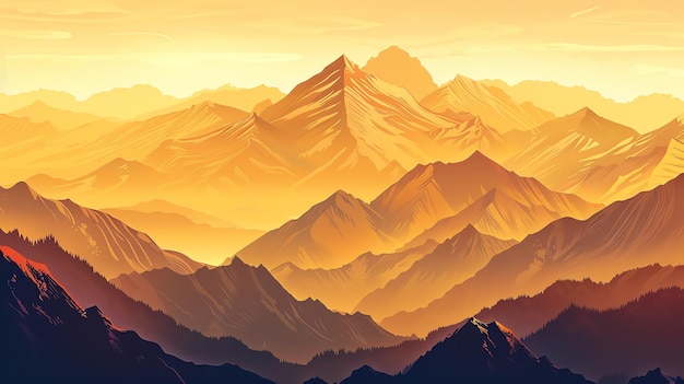 L'image est un magnifique paysage d'une chaîne de montagnes au coucher du soleil Les couleurs chaudes du ciel et des montagnes créent une scène paisible et sereine