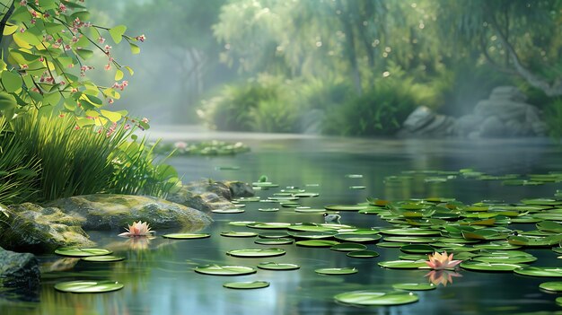 Photo l'image est un magnifique paysage d'un étang avec des lilas et des fleurs l'eau est calme et calme et le soleil brille brillamment