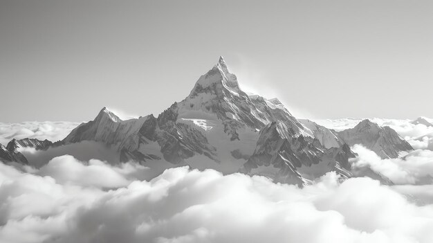 Photo l'image est en noir et blanc. elle montre un majestueux sommet de montagne enneigé s'élevant au-dessus des nuages.