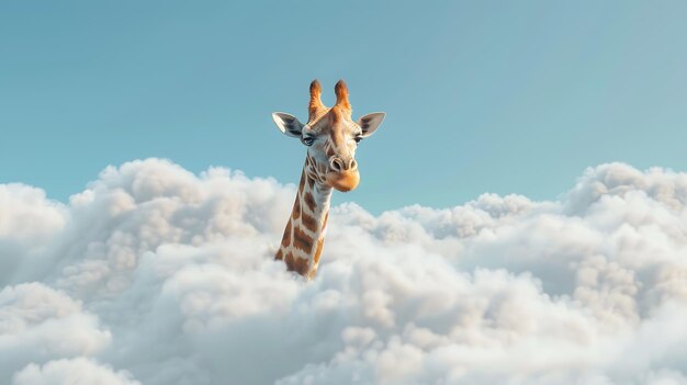 L'image est une photo d'une girafe debout dans les nuages. La girafe regarde le spectateur avec une expression curieuse.