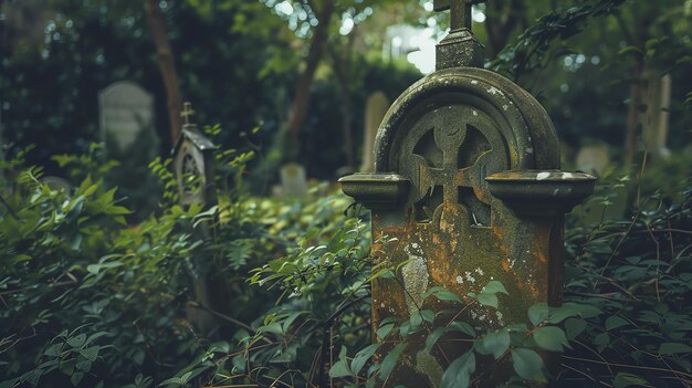Photo cette image est une photographie d'une vieille pierre tombale altérée dans un cimetière. la pierre est couverte de mousse et entourée de plantes envahis.