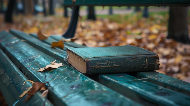 Photo l'image est une photographie d'un vieux livre reposant sur un banc de parc. le livre est vert et a des lettres dorées sur le dos.