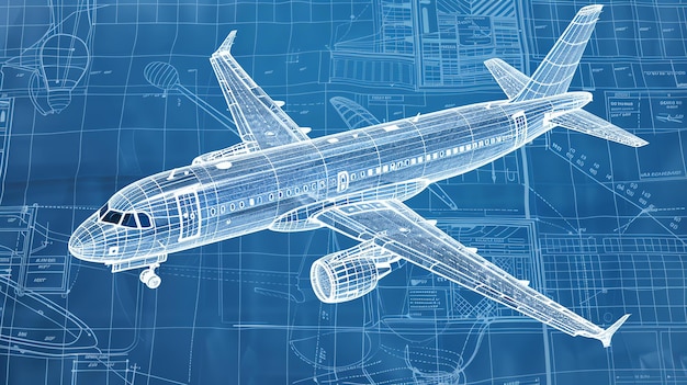 L'image est un plan d'un avion de passagers. L'avion est représenté en vue tridimensionnelle et ses différentes parties sont étiquetées.