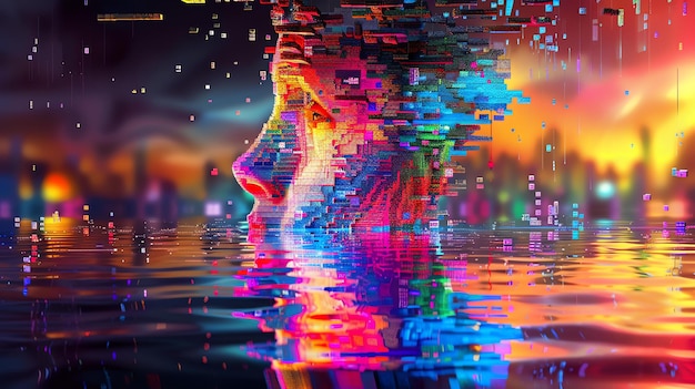 Photo l'image est un portrait d'une femme. elle regarde à gauche du cadre. son visage est composé de pixels colorés.