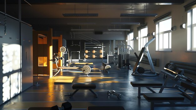 L'image est un rendu 3D d'un centre de remise en forme. La pièce est longue et étroite avec un plafond haut.