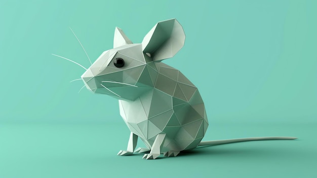 Cette image est un rendu 3D d'une souris blanche. La souris est assise sur un fond bleu clair et est composée de plans à facettes ressemblant à de l'origami.