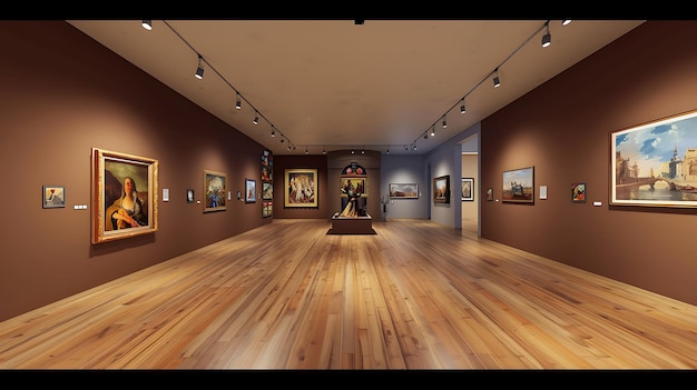 L'image est un rendu numérique de l'intérieur d'un musée. Les murs sont peints en brun et le sol en bois.
