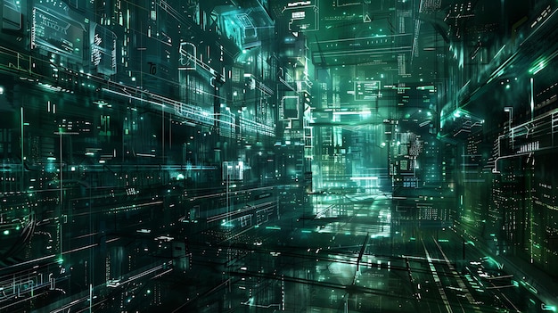 L'image est une représentation sombre et mystérieuse d'une ville futuriste